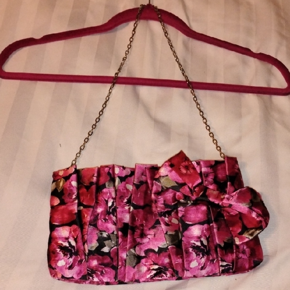 White House Black Market Satin Floral Pink Clutch Purse With Silver Chain Strap